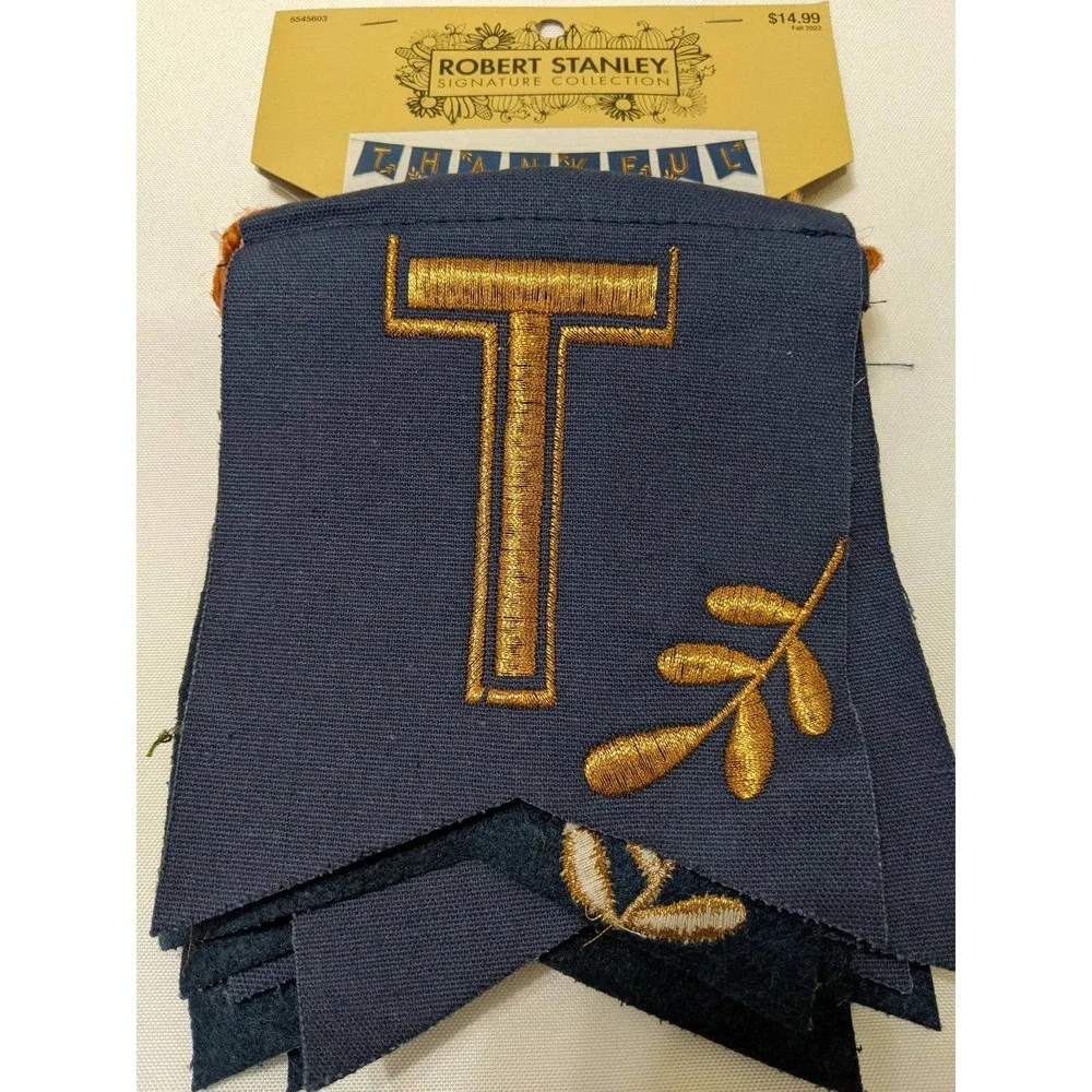 Blue Gold THANKFUL embroidery embroidered Autumn Banner Garland Robert Stanley